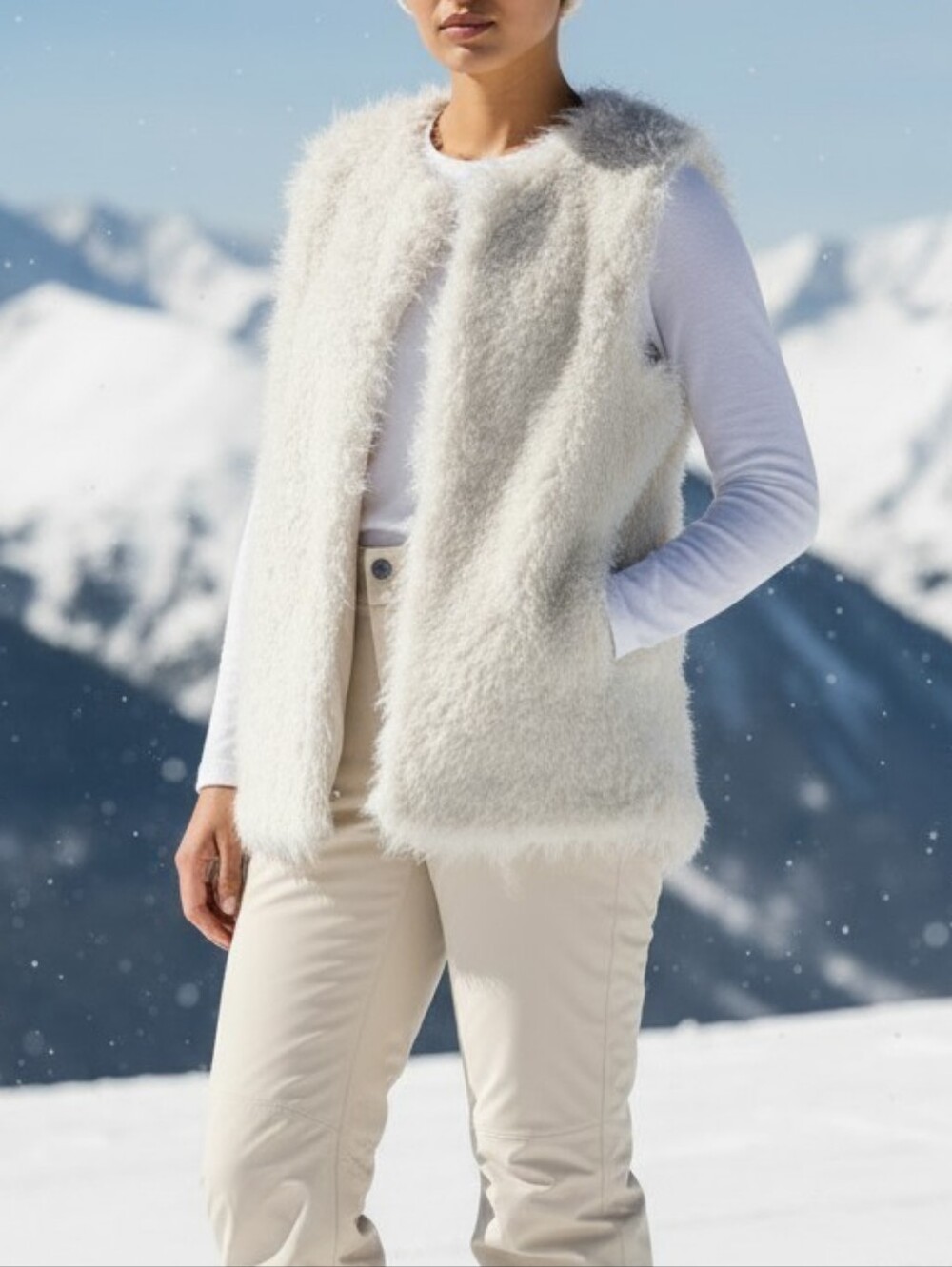 Charlotte Russe Faux Fur Vest w/ Pockets Cream Alpine Ski Fall Winter Snow, S